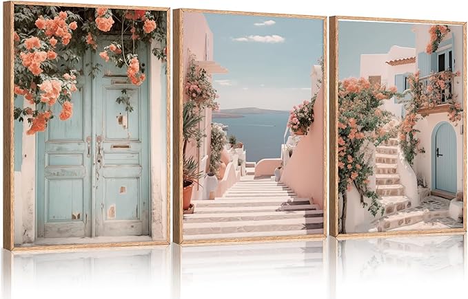 KAIRNE Italian Mediterranean Coastal Framed Canvas Wall Art, Pink Blue & White Seascape Painting for Beach House Decor, Luxury Italian Seaside Landscape for Living Room, Bedroom, Office - 24x36 Inch