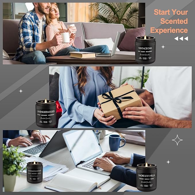 Scented Candles Gift Set - 4 Pack (7oz Each) Soy Wax Aromatherapy Candles with Essential Oils, Smokeless - Leather & Smoke, Vanilla Oakmoss, Lavender for Office, Gifts