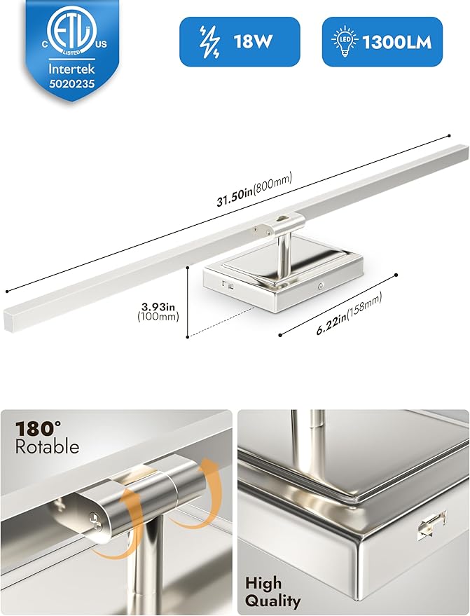 NIORSUN 31.5 Inch Modern Bathroom Light Fixture, 18W 5CCT Dimmable LED Chrome Bathroom Vanity Lights Over Mirror, Vanity Lights for Bathrooms Restroom Mirror- ETL Certified