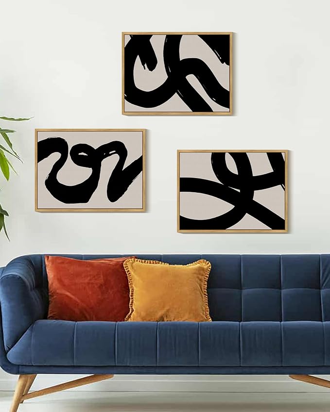 KUVIOKE Black Abstract Framed Wall Art Ink Wash Minimalist Lines Painting Artwork for Bedroom Living Room Hallway Decor Ready to Hang 12x16in (Natural Framed)