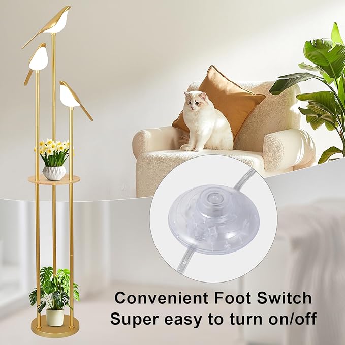 Gold Floor Lamps for Living Room, Modern Floor Lamp with Shelves, Mid Century Standing Lamp with 3 Adjustable LED Bird Lights, Corner Tall Lamp with Table, Brass Stand up Lamp for Bedroom Kids Room
