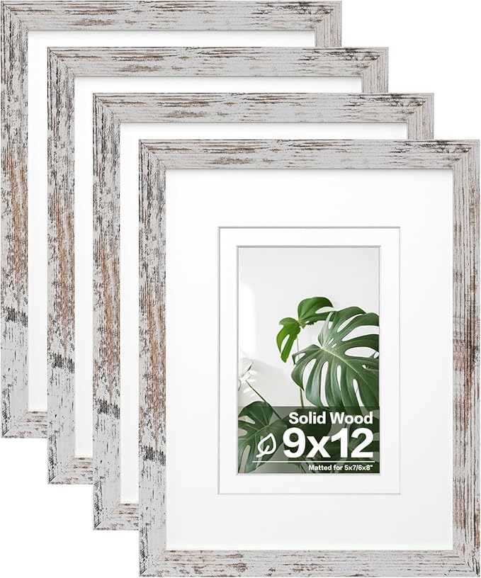 Egofine 9x12 Picture Frames Set of 4, Made of Solid Wood Covered by Plexiglass 5x7 and 6x8 with Mat or 9x12 without Mat, for Table Top Display and Wall Mounting Photo Frame Rustic Green
