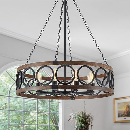 XINGQI 8 Lights Modern Farmhouse Chandelier Black 32.3" Large Drum Light Fixture Rustic Pendant Lighting for Living Room Dining Room Kitchen Island Bar Office, Round Metal Shade Wood Grain Finish