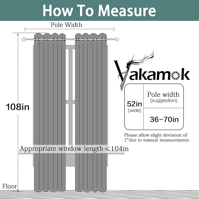 Yakamok Gray 100% Blackout Curtains Energy Saving Thermal Insulated 2 Thick Layers Completely Blackout Drapes with Black Liner for Bedroom (52Wx108L, Grey, 2 Panels)