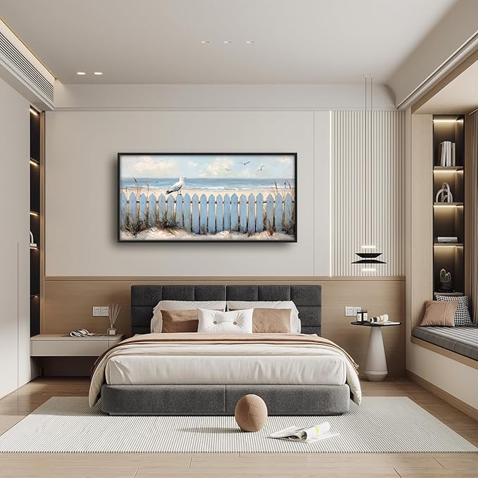 Flintis Large Ocean Beach Framed Wall Art Beach Seagull Pictures Wall Decor Abstract Natural Landscape Canvas Painting Print Artworks Framed for Living Room Bathroom Master Bedroom 60L X 30W