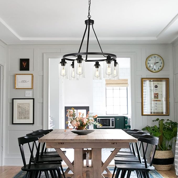 MELUCEE 6-Light Chandeliers for Dining Room, Farmhouse Lighting Black Light Fixtures Ceiling Hanging Industrial Pendant Light for Kitchen Island Bedroom Living Room