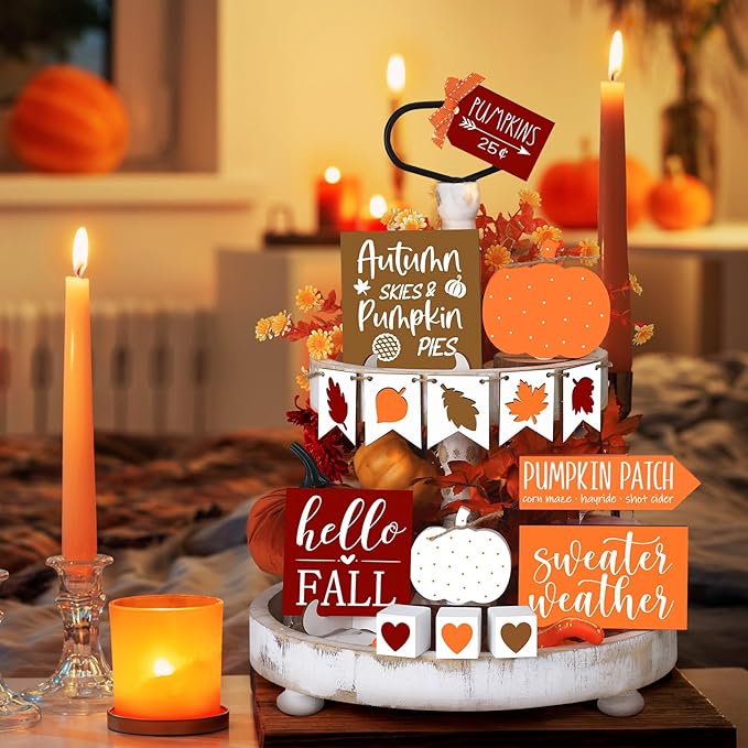 Sumind 15 Pcs Fall Tiered Tray Decor Set Fall Decorations for Home Autumn Wood Signs Thanksgiving Orange Brown Table Signs Farmhouse Wooden Maple Pumpkin Gnomes Tabletop for Festival(Autumn)