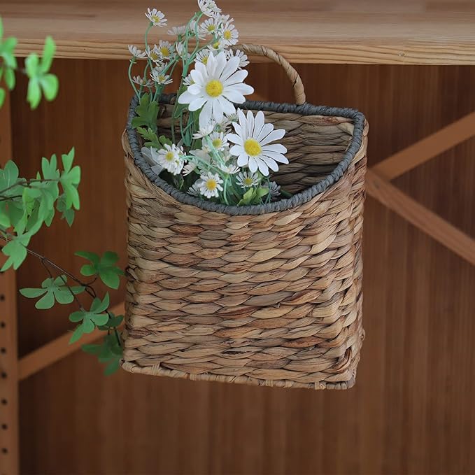 GYASVWU Woven Hanging Basket Water Hyacinth Hanging Wall Basket Wicker Handmade Baskets for Garden Farmhouse Home (Paper rope mouth)