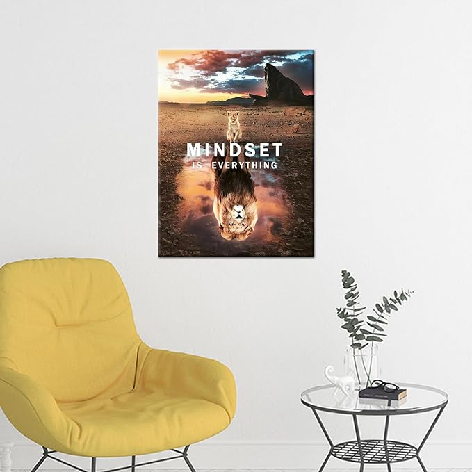 Small Cat Big Lions Motivational Wall Art Mindset is Everything Poster Cute Animal Inspirational Canvas Painting Prints Wall Pictures for Living Room Home Decor Office Framed Artwork [18''W x 24''H]