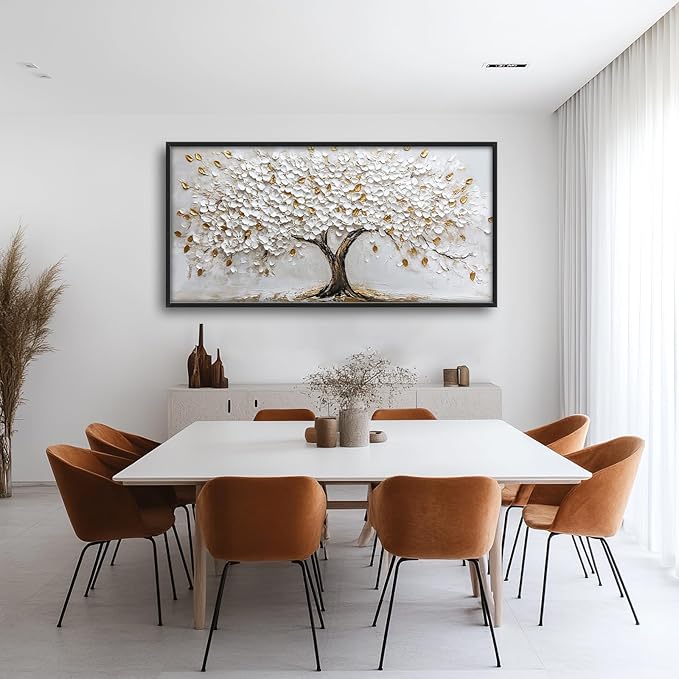 Olivine Tree Large Wall Art, White And Golden Pictures Wall Decor, Tree Of Life Paintings Canvas Prints, Framed Artwork for Dining Room Bedroom Living Room Office Bathroom Home Decoration 60"x30"