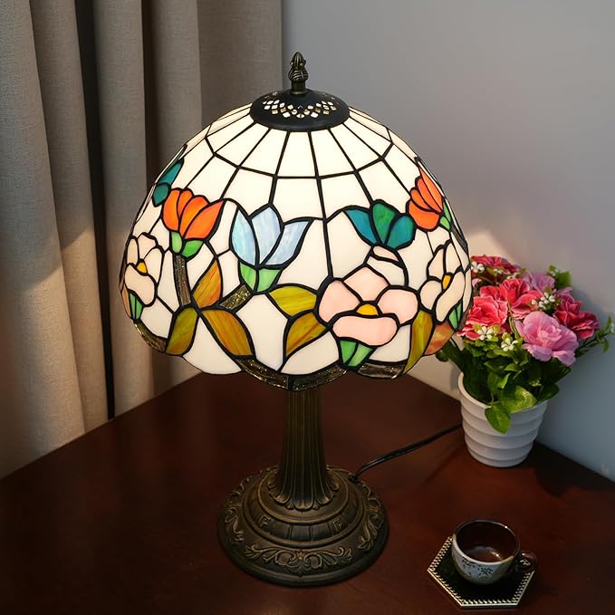 Tiffany Stained Glass Table Lamp, 12 Inch Pastoral Style Morning Glory Design Bedside Lamp, Suitable for Bedroom, Dining Room and Other Home Decoration Art (Pink, Blue and Orange)