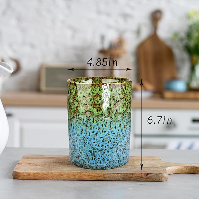 Utensil Holder, Ceramic Kitchen Utensil Holder for Countertop, Large Cooking Utensil Crocks for Kitchen Counter, Morden Utensil Organizer for Spatula, kitchen Decor,Green & Blue