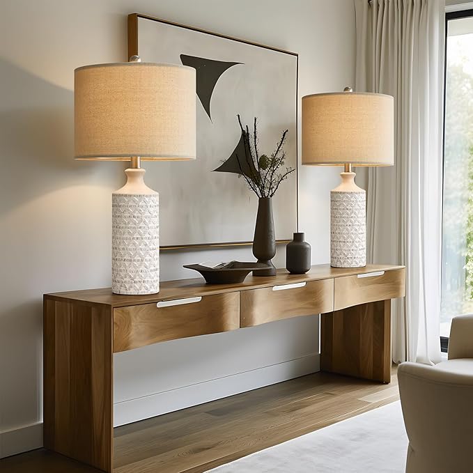 PoKat 24'' Lamps for Night Stands, Ceramic Table Lamps for Living Room, Modern Nightstand Lamps Set of 2, Bedroom Lamps for Bedside End Table, Bedroom, Living Room, White