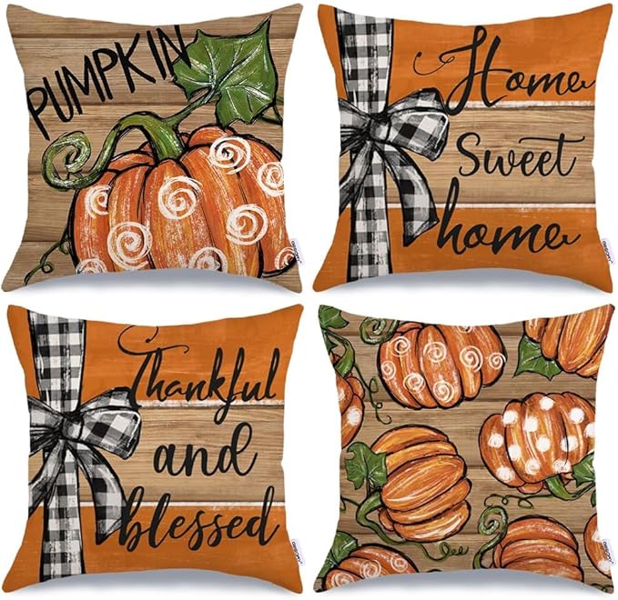 GEEORY Fall Pillow Covers 18x18 Inch Set of 4, Pumpkin Thankful and Blessed Striped Fall Pillows Decorative Throw Pillow Autumn Farmhouse Cushion Cases for Home Decoration