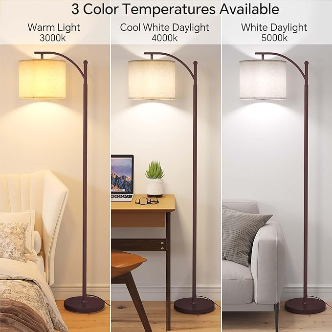 SUNMORY Floor Lamps for Living Room, Modern Floor Lamp with 9W 3 Color Temperatures Bulb, Metal Standing Lamps with Adjustable Lampshade, Arc Tall Floor Lamp for Bedroom, Office, Home Decor (Brown)