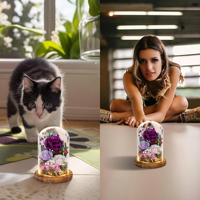 Forever Flowers with Symbolic Ladybugs: Preserved Flowers Gift for Women-Romantic Table Centerpiece-Valentines, Anniversary, Mothers Gifts for Her-Flowers for Delivery Prime (Purple)