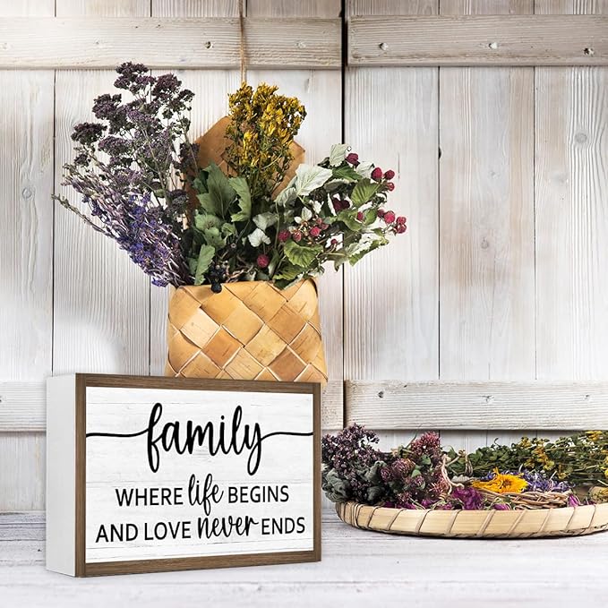 Family Where Life Begins and Love Never Ends Wooden Box Sign Desk Decor,Family Saying Wood Block Sign for Home Farmhouse Bedroom Shelf Tabletop Wall Decor