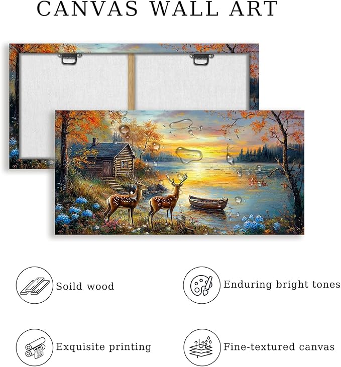 crmotu Rustic Deer Landscape Wall Art, Lake Cottage Pastoral Large Artwork, Nature Autumn Scenery Canvas Prints, Rural Sunset Wall Pictures for Living Room Bedroom Farmhouse Bathroom Decor 24X48 In