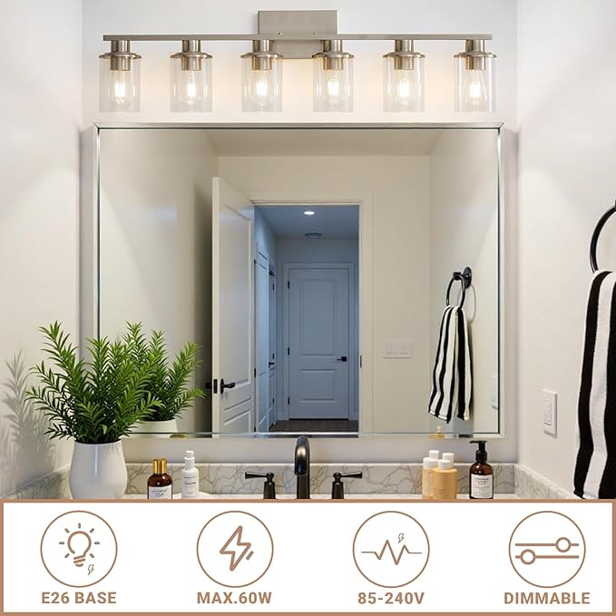 LOUSACE 6 Light Bathroom Vanity Light, Brushed Nickel Bathroom Light Fixtures, Modern Bathroom Lights over Mirror with Clear Glass Shade, Wall Vanity Lighting Fixtures for Bathroom Bedroom Living Room
