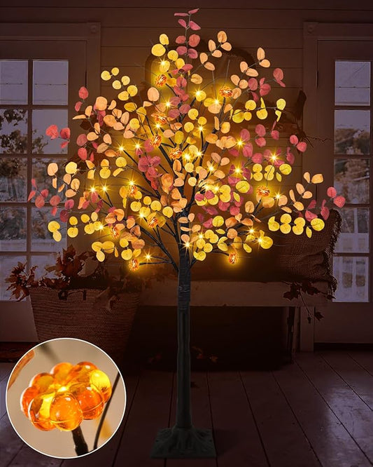 Uieke 4FT 48LED Lighted Fall Eucalyptus Tree Artificial Fall Tree with 12PCS Pumpkins & 8 Modes Thanksgiving Fall Decorations for Home Autumn Decor Indoor Outdoor