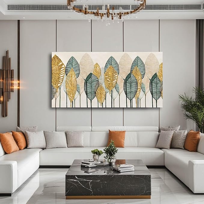 CHUDANHAO Green Canvas Artwork Gold Leaves Painting Beige Art Modern Wall Decor for Office Living Room Neutral Wall Art 29"x58" Print Photos