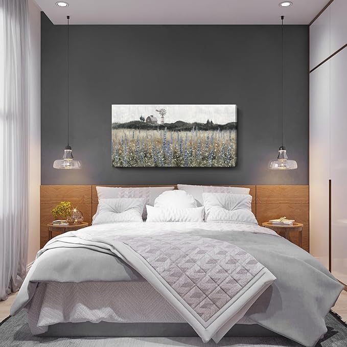 Large Wall Art for Living Room Vintage Farmhouse Decor Nature Wildflower Field Landscape Wilderness Meadow Painting Classical Scenery Canvas Print Rustic Countryside Windmill Barn Artwork 24x48inch