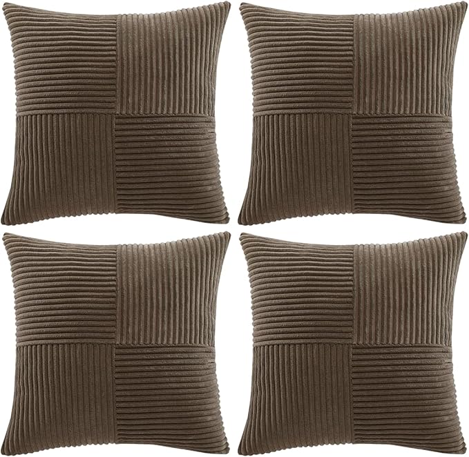 Fancy Homi 4 Packs Dark Brown Decorative Throw Pillow Covers 20x20 Inch for Living Room Couch Bed Sofa, Rustic Farmhouse Boho Home Decor, Soft Cross Corduroy Patchwork Accent Cushion Case 50x50 cm