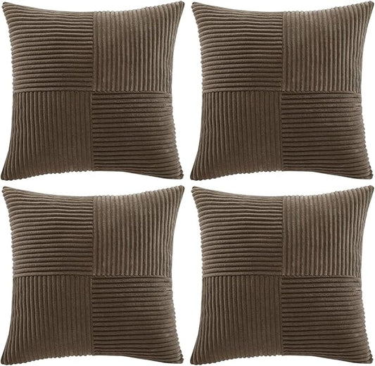 Fancy Homi 4 Packs Dark Brown Decorative Throw Pillow Covers 20x20 Inch for Living Room Couch Bed Sofa, Rustic Farmhouse Boho Home Decor, Soft Cross Corduroy Patchwork Accent Cushion Case 50x50 cm