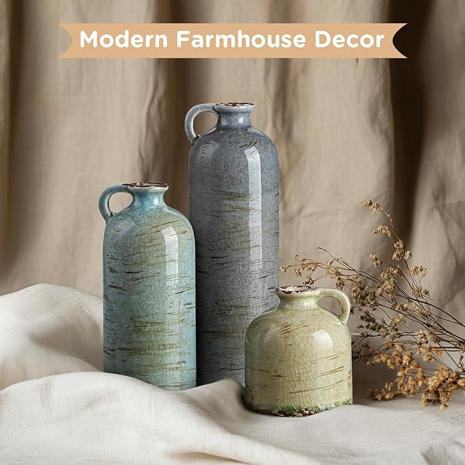 Ceramic Vase Set of 3 – Handcrafted Modern Farmhouse Decorative Vase, Neutral Pottery for Pampas Grass, Flowers, Table Centerpieces, Living Room, Mantel & Shelf Decor – Multicolor