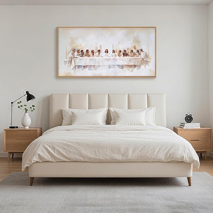 KAIRNE Jesus Last Supper Framed Canvas Wall Art Set, Christian Twelve Apostle Wall Decor, Bible Renaissance Wall Painting, Religious Picture Art Print for Living Room, Bedroom, Church, Large 20"x40"