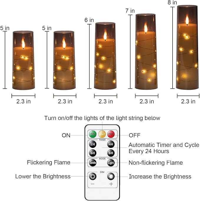Raycare Flameless LED Candles with Embedded Star String, 5 Pcs Battery Operated Acrylic Pillar Candles with Timer and Remote, Flickering for Romantic Ambiance and Home Decoration(Grey)