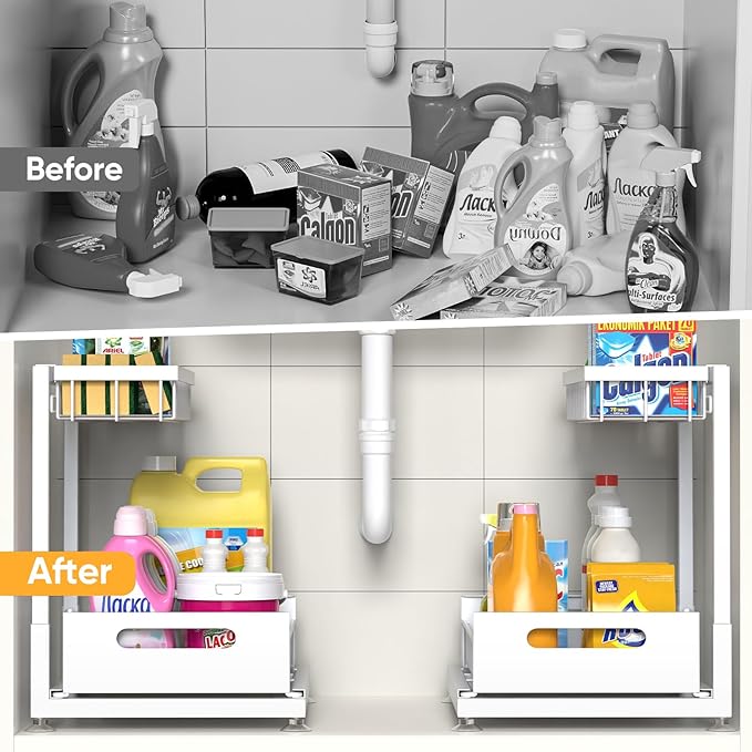 2 Pack Under Sink Organizer Storage 2-Tier Premium Metal Pull-Out Racks, Height Adjustable, Easy Installation | Kitchen & Bathroom Organizers White