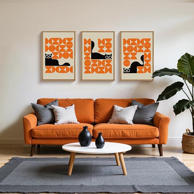 HOURIA Geometric Black Cat Framed Canvas Wall Art Set,Abstract Orange & Cream Wall Decor,Round Eyes Playful Kitten Wall Painting,Modern Animal Prints for Nursery,Living Room,Office - 24"x36"x3