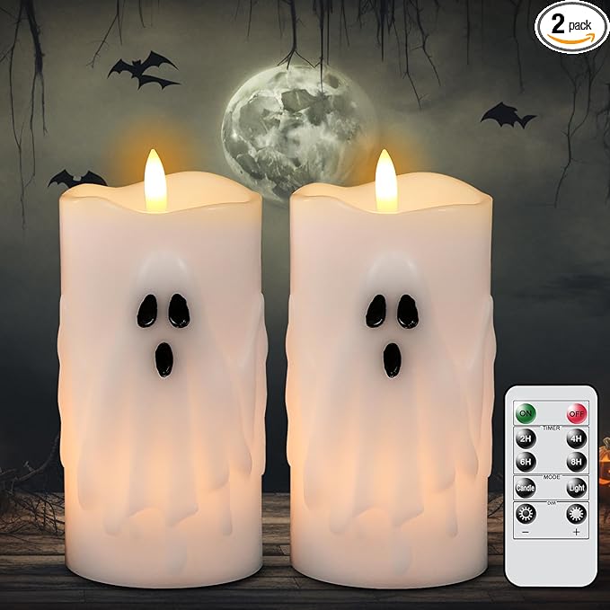 Eldnacele Halloween Flameless Candles with Remote and Timer, Battery Operated Hand Painted Ghost 3D Wick Flickering Real Wax White LED Pillar Candles Spooky Ghost Face Halloween Decor(2pcs,D3×H6.5)