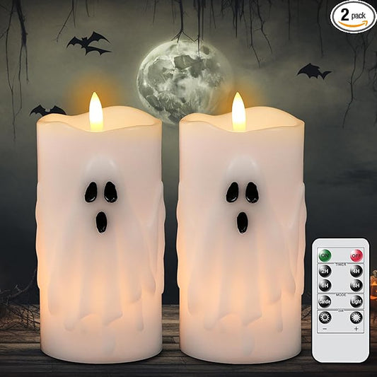 Eldnacele Halloween Flameless Candles with Remote and Timer, Battery Operated Hand Painted Ghost 3D Wick Flickering Real Wax White LED Pillar Candles Spooky Ghost Face Halloween Decor(2pcs,D3×H6.5)