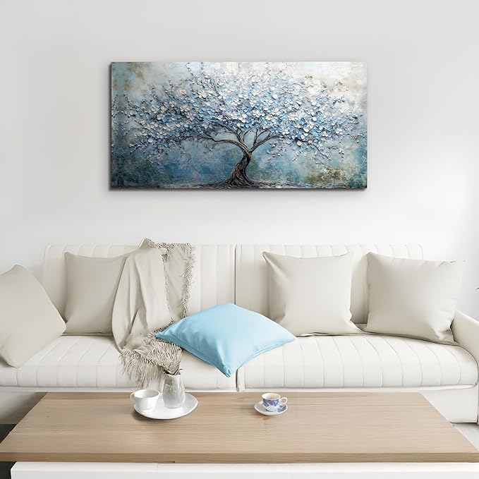 crmotu Tree of Life Large Wall Art, Cherry Blossom Abstract Canvas Painting, Blue Flowers Tree Art Prints, Modern Neutral Aesthetic Pictures Wall Decor Living Room Bedroom Bathroom Office 20"X40"