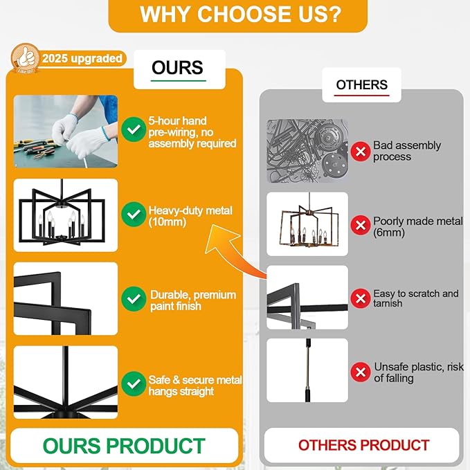 25" Modern Black Chandelier for Dining Room (6-Light, 25-Inch), Geometric Black Dining Room Light Fixture Over Table, Industrial Metal Hanging Pendant Lights for Kitchen Island, Entryway, Foyer