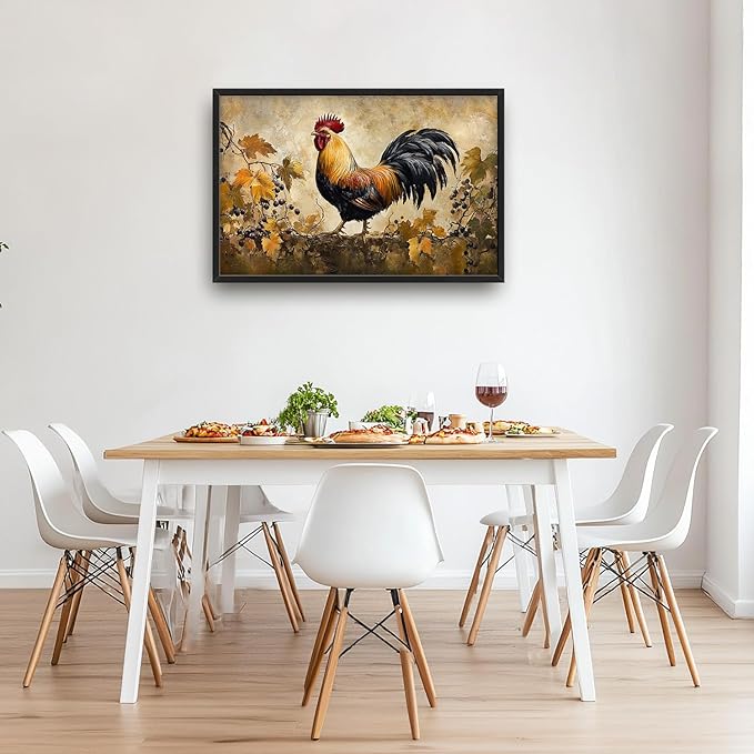 Flintis Large Rooster Framed Wall Art Vintage Chicken Grapevine Pictures Wall Decor Abstract Animal Canvas Painting Print Artworks Decor Framed for Living Room Bathroom Master Bedroom 36L X 24W
