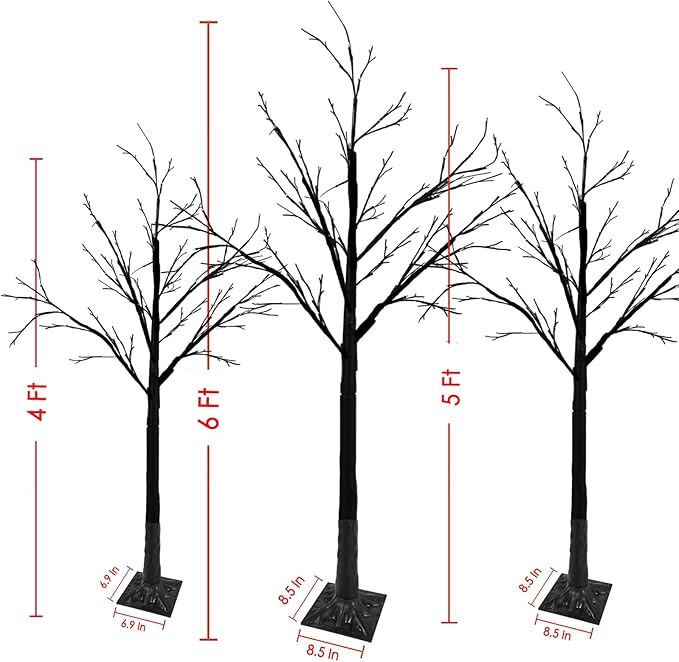 Set of 3 Lighted Black Halloween Tree 4FT 5FT and 6FT, Higher Size, Timer Function Orange & Purple Spooky Tree with 96 LED Lights for Indoor & Outdoor Halloween Decorations Yard Garden Home Party