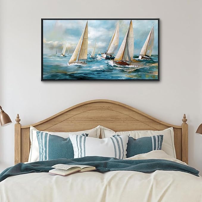 YDYSUNE Sailboat Wall Art - Blue Canvas Abstract Painting Textured Picture Artwork Vintage Nautical Large Painting Coastal Modern Print Frame for Living Room Bedroom Home 20x40inch