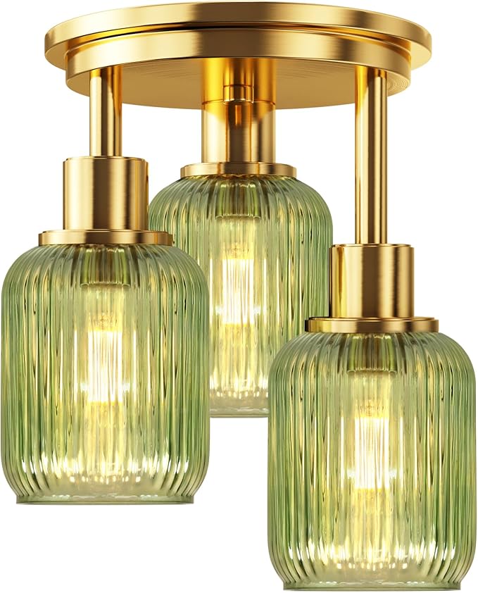 Semi Flush Mount Ceiling Light, 3-Light Close to Ceiling Light Fixtures, Brass Gold Finish Kitchen Light Fixtures with Green Glass Shade Patriot Lighting for Entryway Porch Hallway Foyer