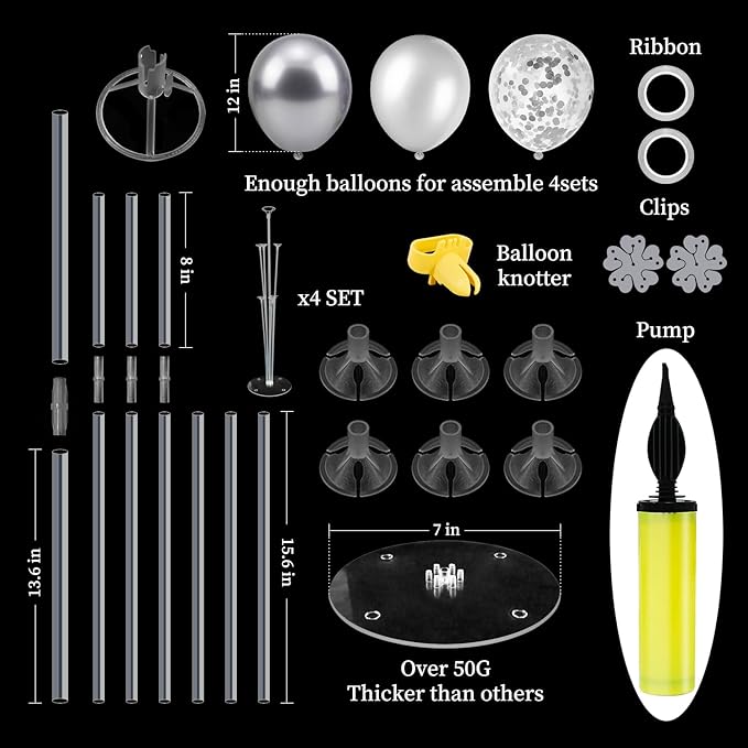 Silver Balloon Stand Centerpiece Table Decorations for 25th Wedding Anniversary Birthday Bridal Shower Father's Day Mother's Day Platinum Party Decorations(Silver gray set4)