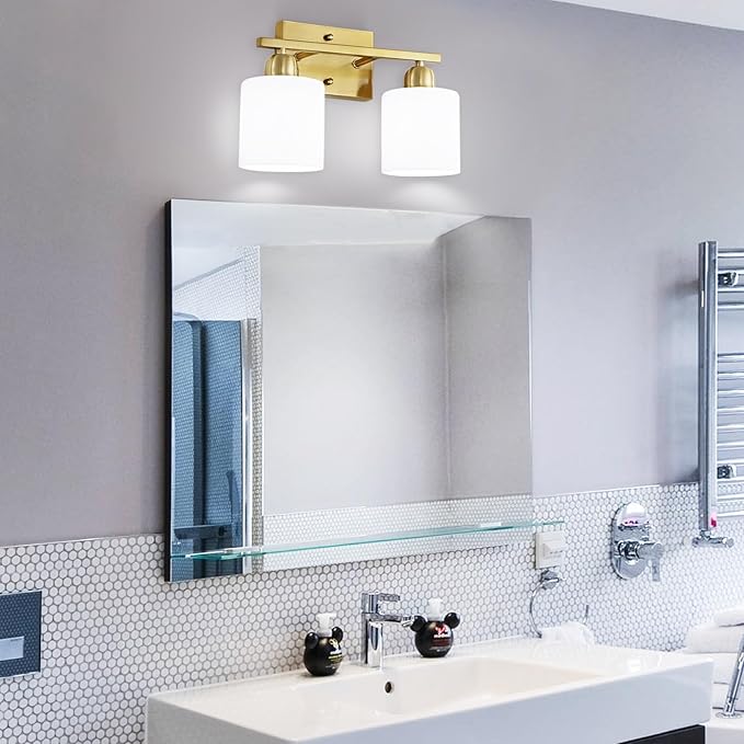 2 Light Bathroom Vanity, Bathroom Lights Over Mirror with Milky White Frosted Glass Shades, Gold Vanity Light for Mirror Living Room Bedroom Hallway E26 Base