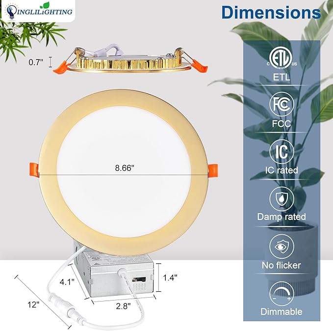 DLLT LED Recessed Ceiling Lights: 12 Pack 8 Inch 5CCT Ultra-Thin Lighting with Junction Box for Bedroom - 1800LM Brightness 18W Eqv 170W Dimmable Canless Wafer Downlight with ETL&FCC-Gold