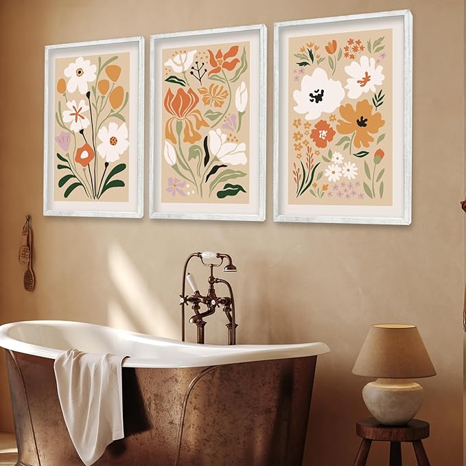 Boho Flowers Plant Wall Art Sign Set of 3 16"x24" Mid Century Modern Minimalist Wooden Framed Abstract Botanical Flower for Vintage Living Room Offic Bedroom Wall Hanging Decoration (White)