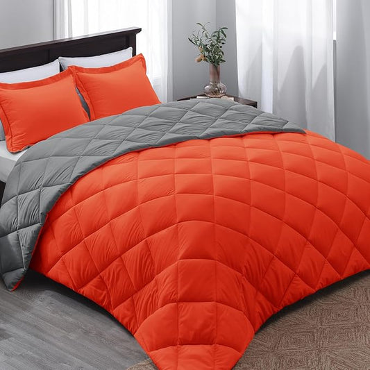 Basic Beyond Queen Comforter Set - Orange Comforter Set Queen, Reversible Bed Comforter Queen Set for All Seasons, Flame/Charcoal Gray, 1 Comforter (88"x92") and 2 Pillow Shams (20"x26"+2")