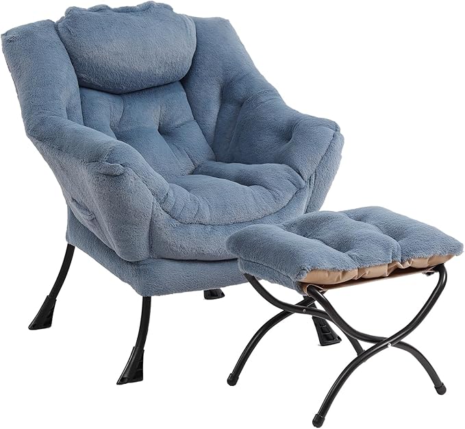 Lazy Chair with Ottoman, Modern Chair with Folding Footrest, Lounge Accent Chair, Comfortable Reading Chair (Plush Light Blue)