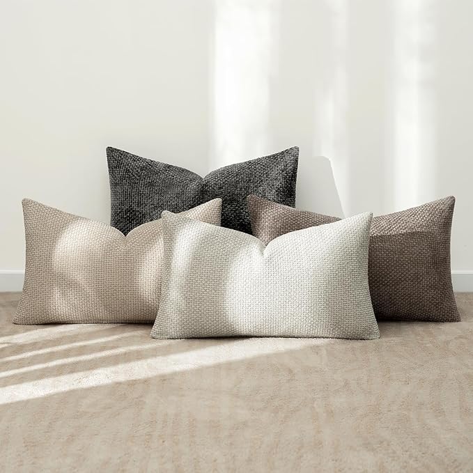 MIULEE Pack of 4 Couch Throw Pillow Covers 12x20 Inch Neutral Soft Decorative Chenille Pillow Covers Farmhouse Boho Accent Cushion Covers for Mid Century Modern Home Decor Sofa Bedroom Living Room