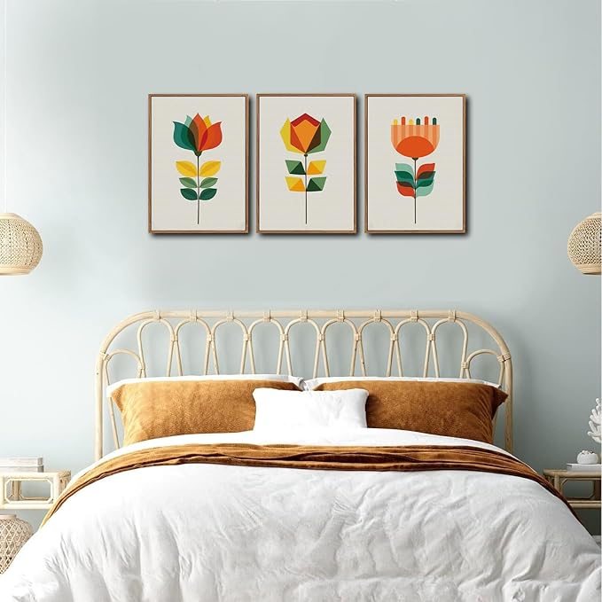 CHDITB Abstract Floral Framed Canvas Wall Art, Large Aesthetics Geometry Flowers Wall Decor, Neutral Geometric Lines Wall Painting, Modern Floral Art Prints for Living Room Bedroom Office 16"x24"x3