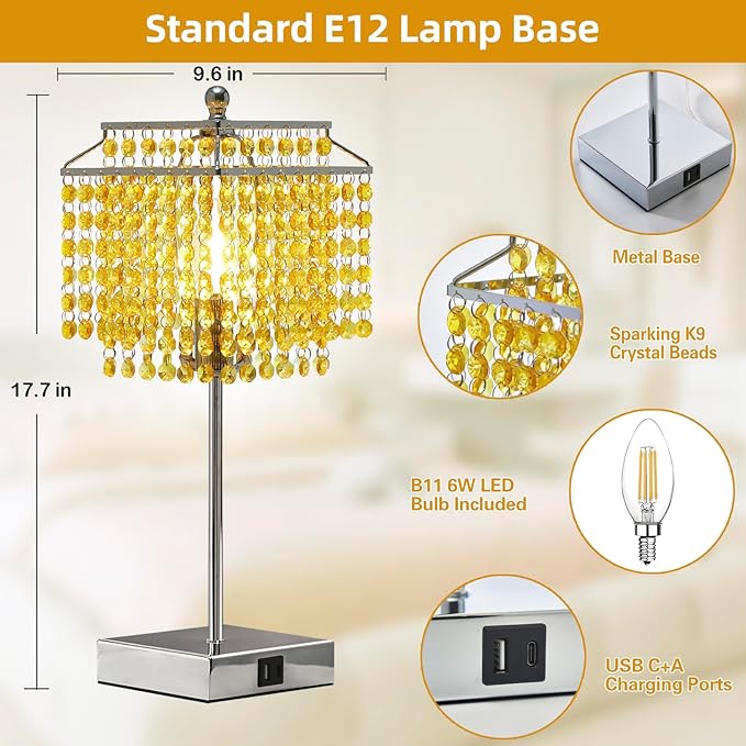 Crystal Table Lamp with Touch Control, Bedside Lamp with USB C+A Ports, 3-Way Dimmable with Crystal Shade for Girls Bedroom, Living Room, Light Yellow & B11 LED Bulb Included
